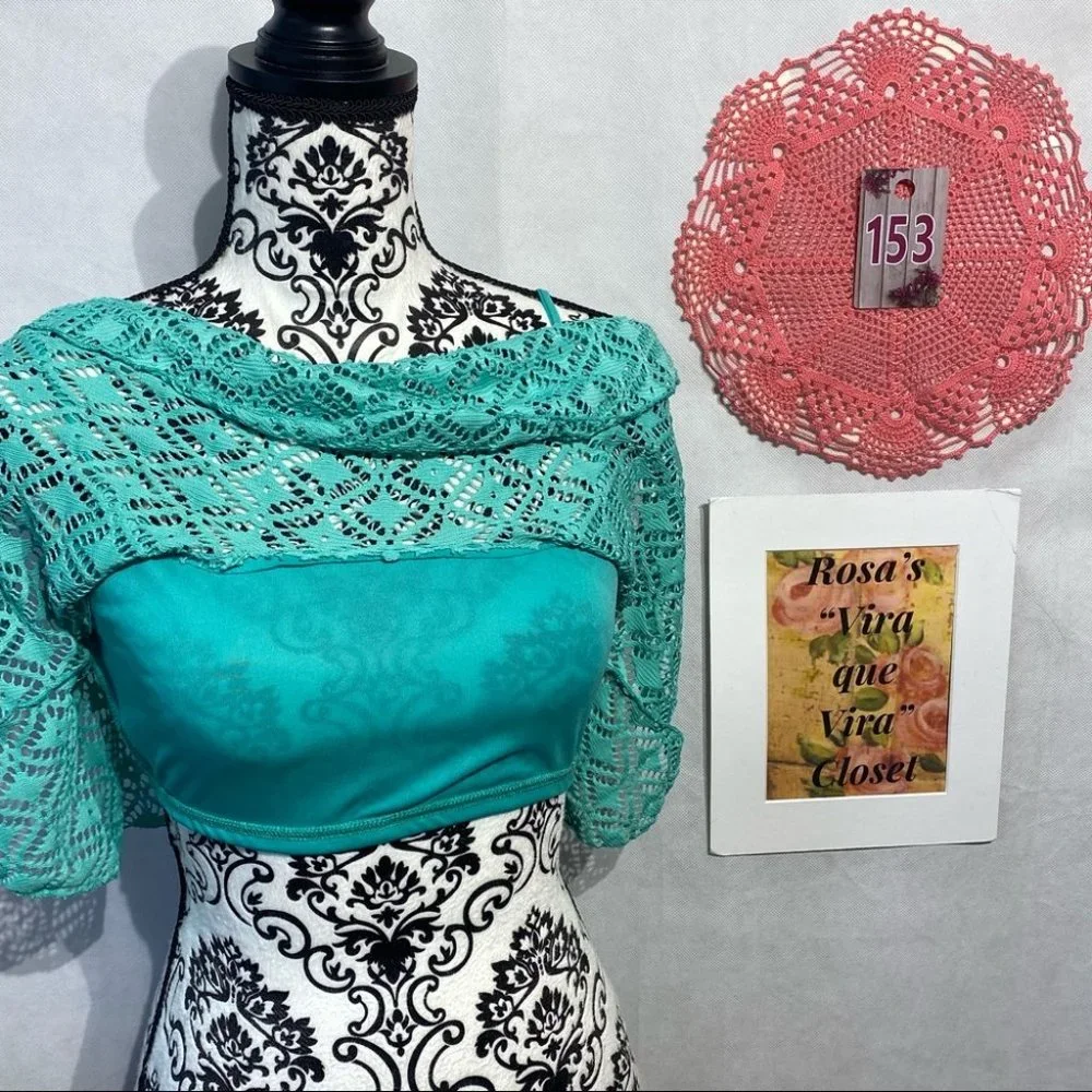 La Hearts Lace Crop Top Teal/Green - Picture 4 of 6